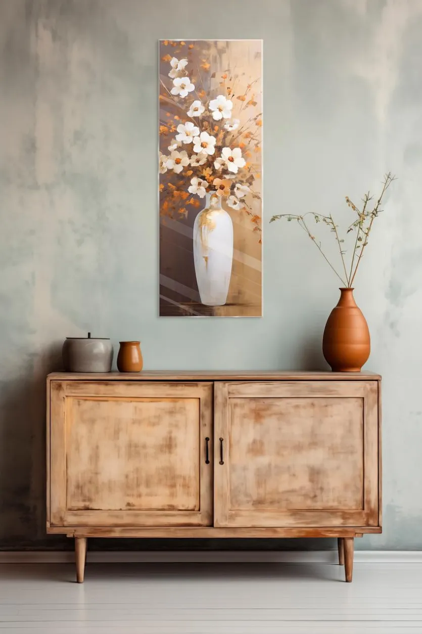 Glasbild 30 x 80 cm Flowers White And Beige I