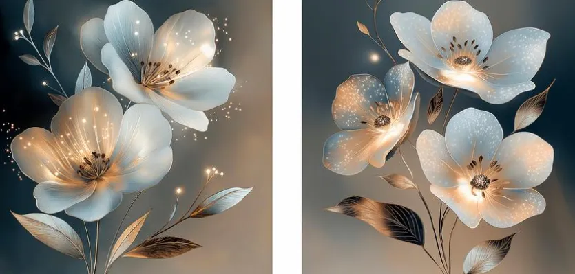 Glasbild 20 x 40 cm White Flowers On Gray IV