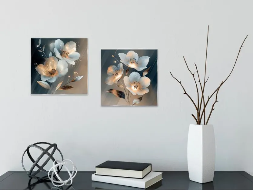 Glasbild 20 x 40 cm White Flowers On Gray IV