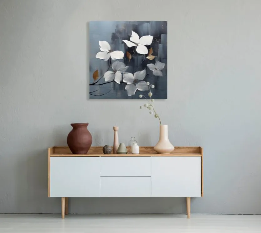 Wandbild 50 x 50 cm White Flowers On Silver VIII