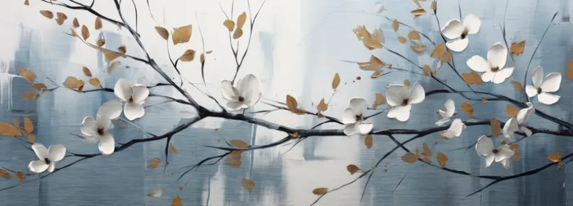 Wandbild 50 x 140 cm White Flowers On Silver VII